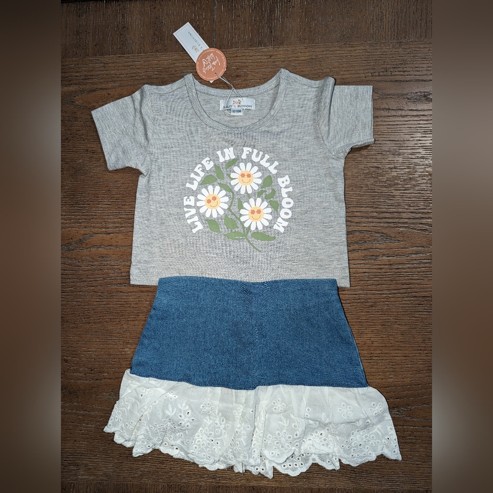 Bailey's Blossoms T-shirt and denim skirt outfit size 12-18 months